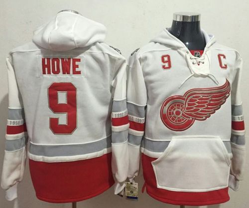 Red Wings #9 Gordie Howe White Name & Number Pullover NHL Hoodie - Click Image to Close